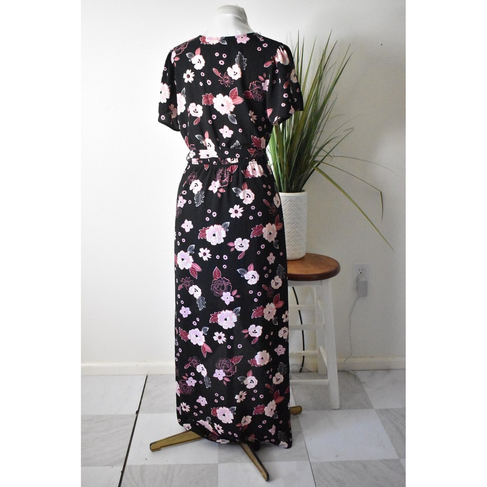 Candie's Floral Maxi Romper Women Size M Black Pink Modern Split Overlay Tie - Picture 6 of 10